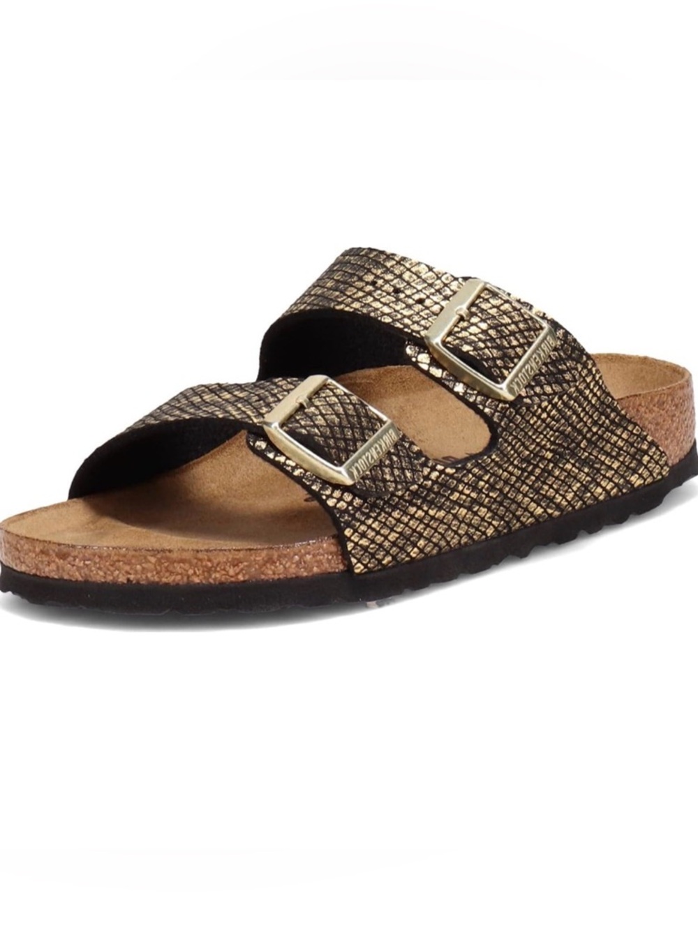 Birkenstock Women's, Arizona Soft Footbed Sandal Narrow Width Black Gold Python